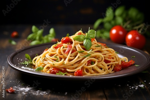 Delicious pasta on plate on grey wooden background