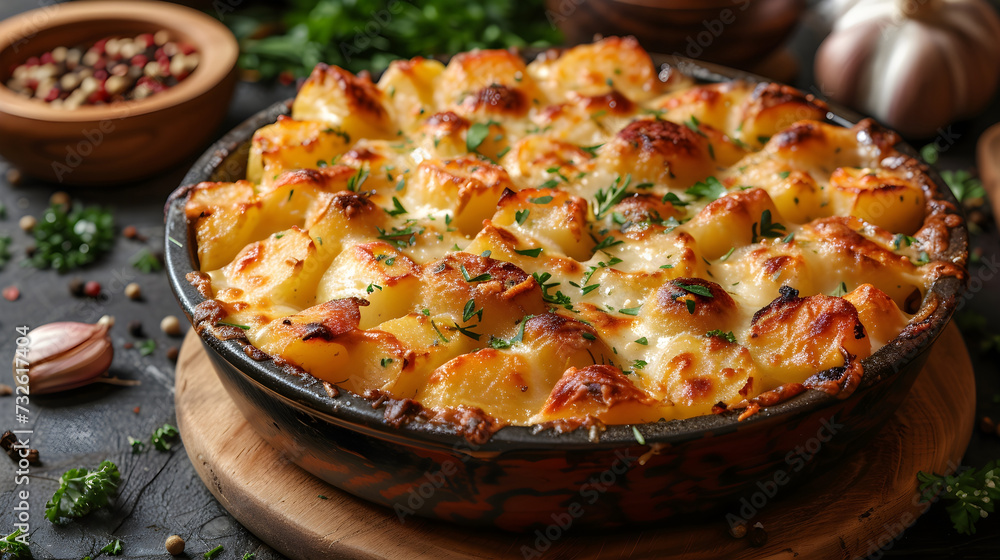 appetizing gratin baked potato with cheese and chopped parsley