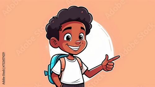 An African-American smiling boy with a raised thumb goes to school. A child in a white T-shirt with a backpack on the background of peach fuzz, Back to school. photo