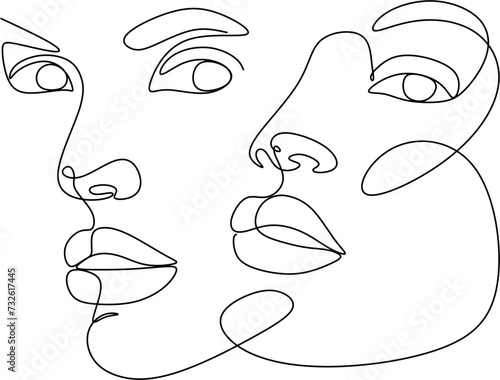 Abstract faces continuous drawing. Couple print, kiss print, Valentine's Day illustration. Poster about love. Romantic couple.