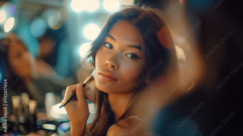 Woman applying makeup with a brush Woman applying makeup with a brush