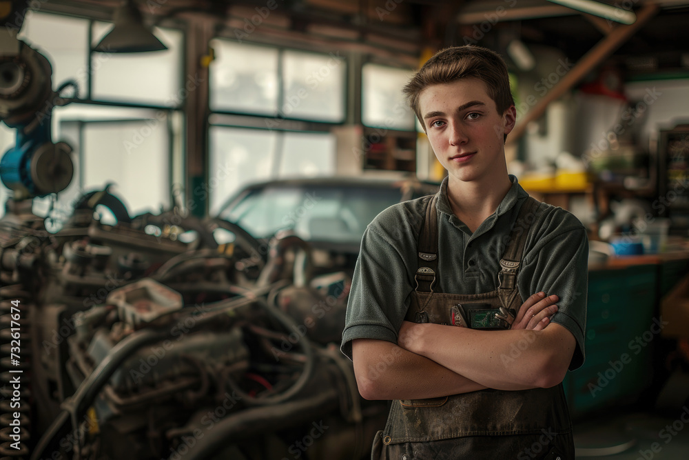 A young car mechanic poses for the camera with his arms crossed in a car repair shop