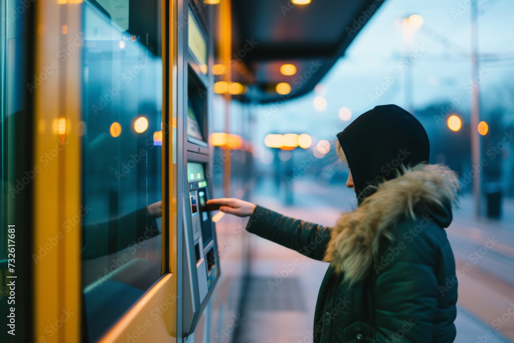 Fototapeta premium Person using ticket machine at the station. Buying tickets for public transportation. Generative AI