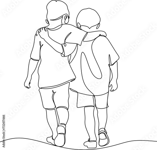 Line drawing of school friends. Boys walk hugging each other
