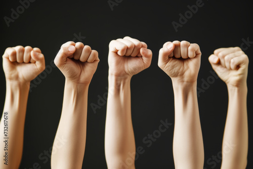 People's hands raised in the air with clenched fists. Generative AI