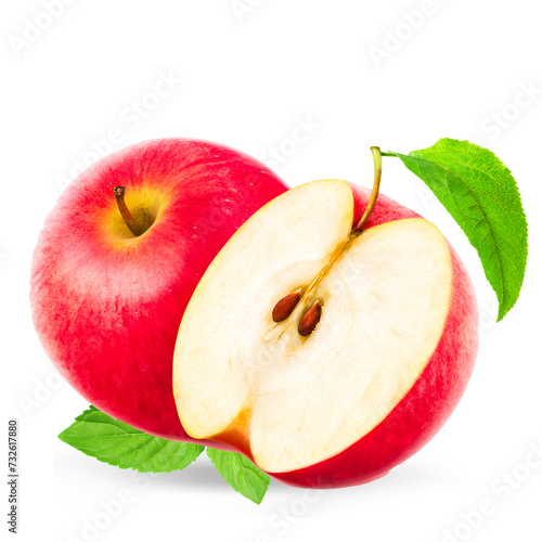 red apple with leaf isolated on white