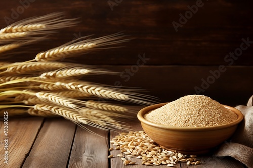 Ears of wheat and bowl of wheat grains on brown