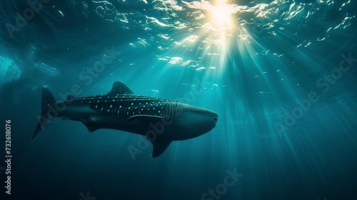 A majestic whale shark gliding through the water, its massive silhouette contrasted against the sunlit surface above