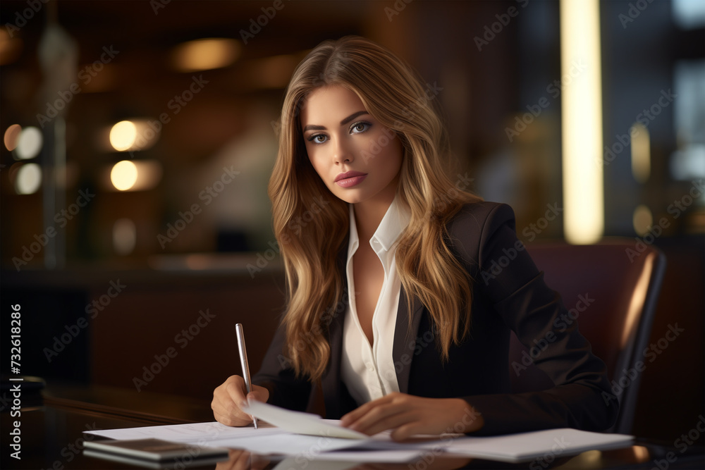 A businesswoman reviewing financial statements with a serious expression. Concept of fiscal responsibility and financial analysis. A businesswoman reviewing financial statements with a serious expression. Concept of fiscal responsibility and financial analysis.