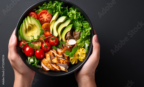 Woman's hands holding a bowl with salad