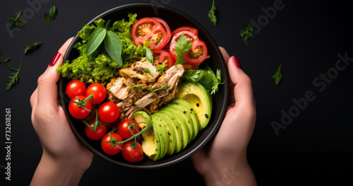 Woman's hands holding a bowl with salad