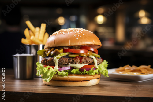 Fresh and tasty burger served in a restaurant with french fries