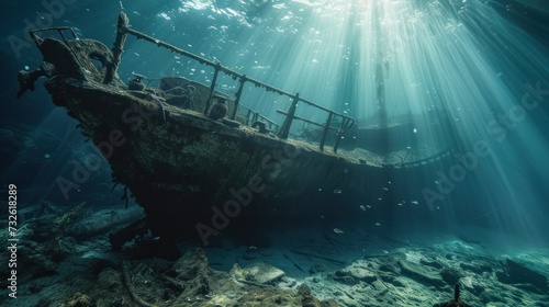 Shipwreck scenery underwater ship wreck deep blue water ocean scenery of metal underwater