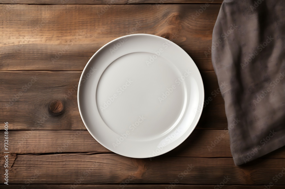 Empty plate with napkin on grey wooden table Empty plate with napkin on grey wooden table