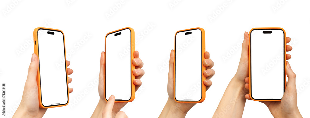 Berlin Germany January 21 2024 Hands holding Iphone, smartphone screens mockups isolated on white - obrazy, fototapety, plakaty 
