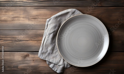 Empty plate and napkin on wooden table, top view.