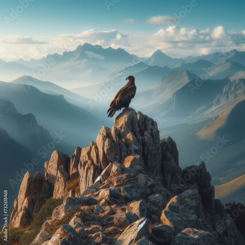 Magnificent eagle sits atop a mountain range  © robfolio