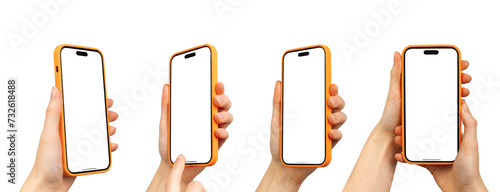 Berlin Germany January 21 2024 Hands holding Iphone, smartphone screens mockups isolated on white photo