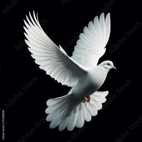 White dove flaps wings against black background 