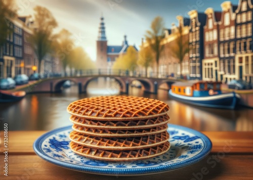 Fototapeta Naklejka Na Ścianę i Meble -  Delicious Stroopwafels on Traditional Dutch Plate, Amsterdam Canal Scene