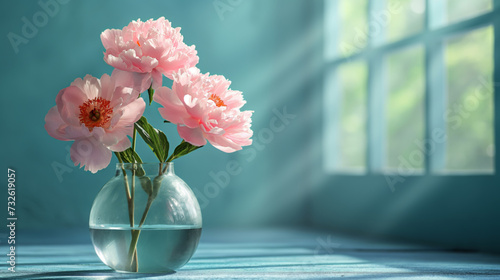 Bouquet of pink peonies on a blue background.