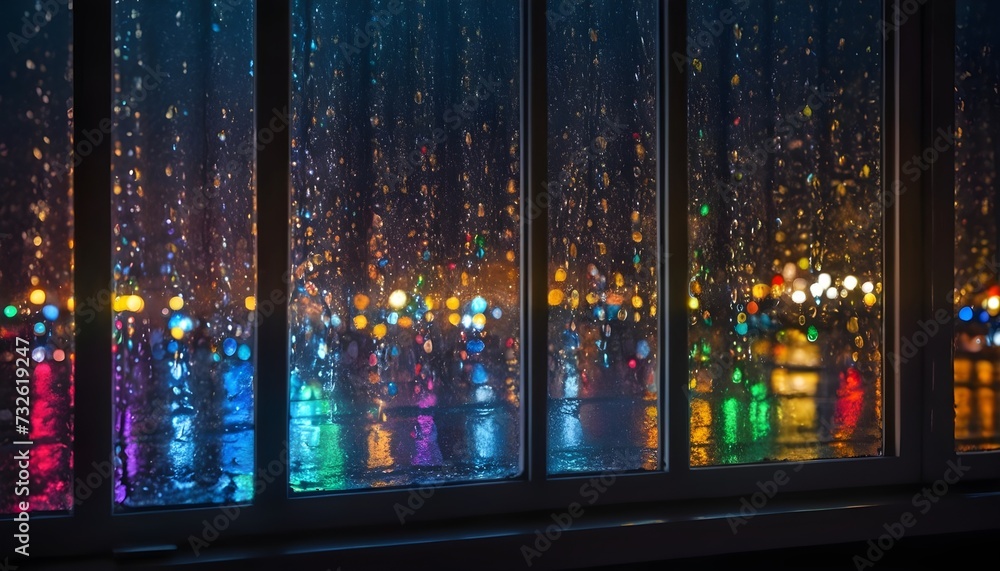 City view by night from a wet window in a rainy night City view by night from a wet window in a rainy night