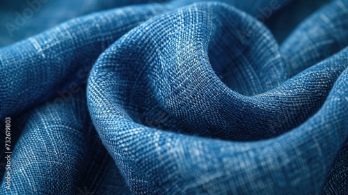 A close-up perspective of textured linen fabric in a classic French Blue, emphasizing its natural, crisp texture, ideal for summer apparel and modern home textiles photo