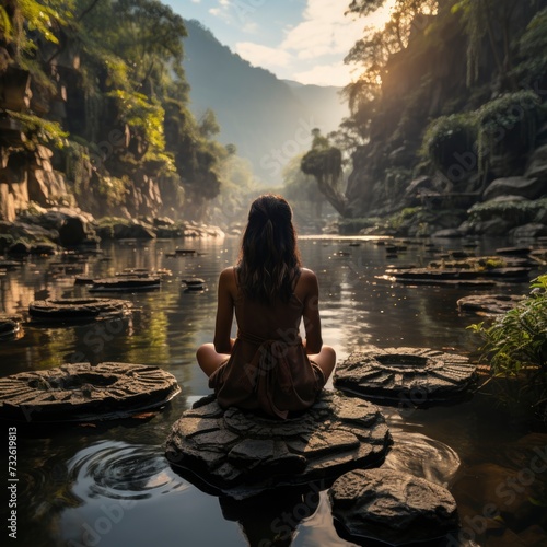 woman is sitting with her back to river among the mountains, physical health, wellness exercise, inner happiness, reducing stress concept. square