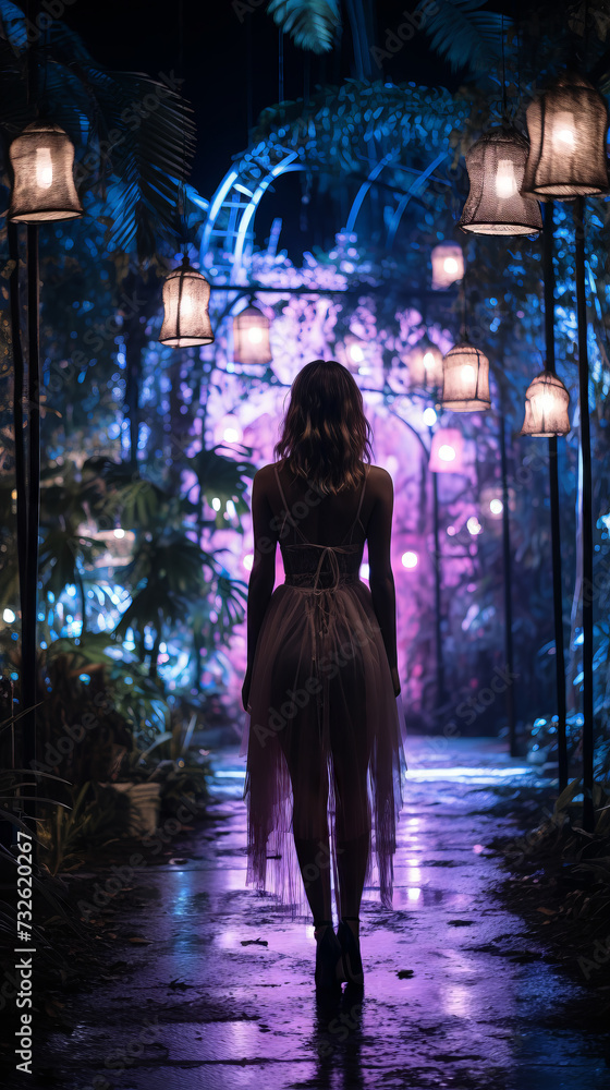 Young woman in a long white dress walks through the night tropical garden