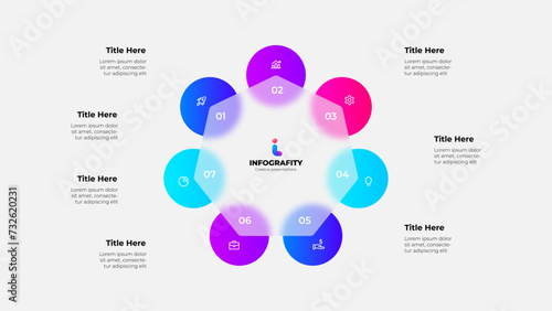 Cycle scheme with seven circles and glassmorphism heptagon. Concept of business process with 7 steps. Infographic design template