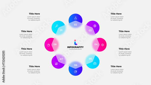 Cycle scheme with eight circles and glassmorphism octagon. Concept of business process with 8 steps. Infographic design template