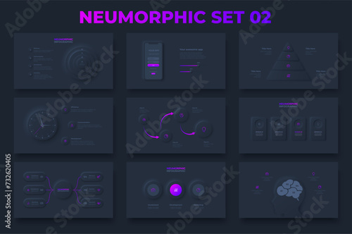 Set of neumorphism infographic elements for presentation on a dark background. Clock, smartphone, brain and flowchart diagrams