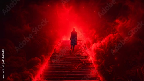 Hell, back view of silhouette of man sinner on stairs, red sky