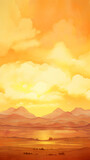 Landscape with mountains and sunset sky. Digital painting