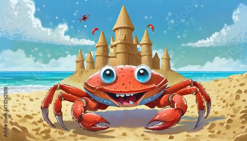   Sand castle on the beach with a red crab
