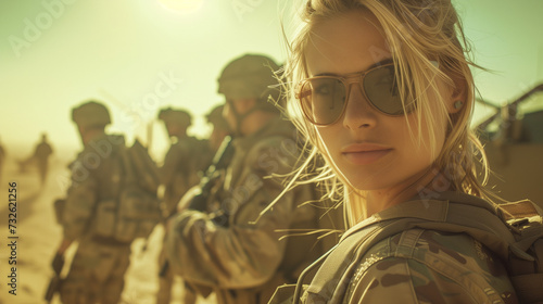 Female soldier in sunglasses with troops in the background