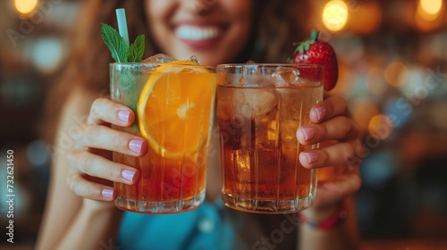 alcoholic cocktails in a girl's hands. woman hands hold glass with lemonade cocktails.
