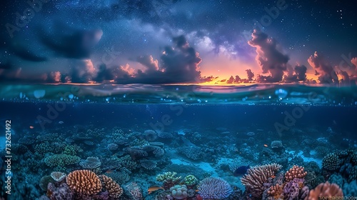 A starry sky reflected in the still waters of a coral atoll, the line between sky and sea blurred, a world enveloped in stars 