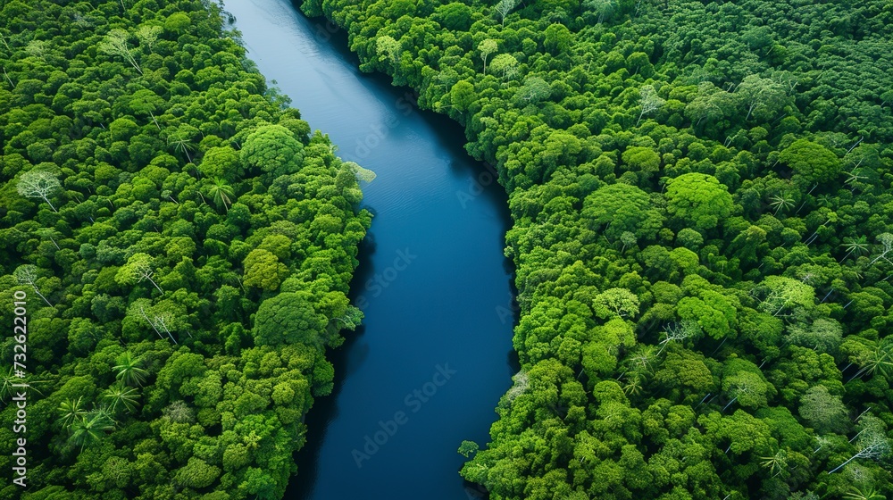 Aerial river winding through a rainforest, the lifeline of the ecosystem, bordered by dense greenery