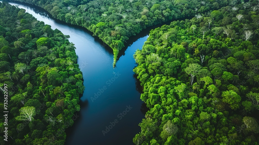 Aerial river winding through a rainforest, the lifeline of the ecosystem, bordered by dense greenery Aerial river winding through a rainforest, the lifeline of the ecosystem, bordered by dense greenery