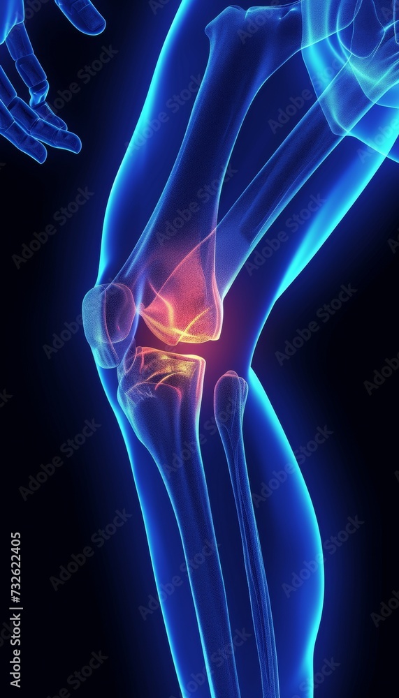 X-ray of a knee joint with highlighted pain area. ortopedic hip pain illustration 3d octane render X-ray of a knee joint with highlighted pain area. ortopedic hip pain illustration 3d octane render