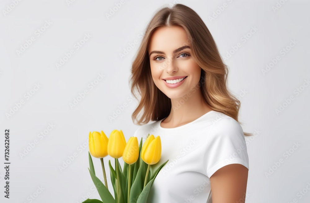 young happy woman with a bouquet of yellow tulips on a white background in a white T-shirt and yellow skirt. March 8, international women's day young happy woman with a bouquet of yellow tulips on a white background in a white T-shirt and yellow skirt. March 8, international women's day