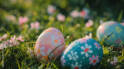 two eggs painted with flowers on grass
