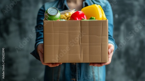 Volunteer hands holding food donations box with food grocery products  photo