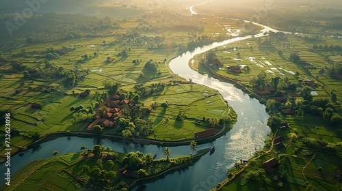 Aerial view of a meandering river cutting through the countryside, lush banks and traditional farmhouses along its course