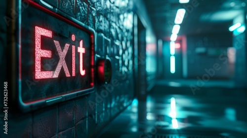 An exit sign in a long corridor symbolizing the exit from the room