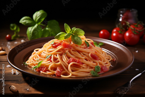 Spaghetti with amatriciana sauce in dish on wooden table 