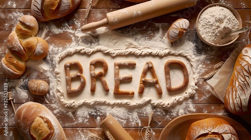 The word Bread which is written from the arranged bread dough standing on a wooden base. Around are the tools for baking and the ingredients from which it is made © Stefan95