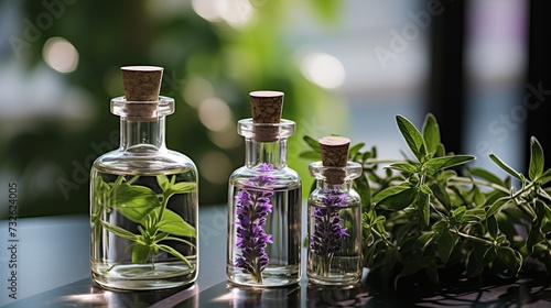 Essential oil bottles with lavender  peppermint  and rosemary plants  aromatherapy concept