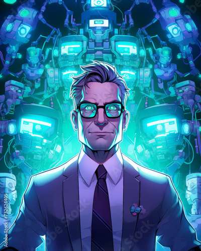 Man in a suit with glasses in front of a futuristic machine, cartoon style